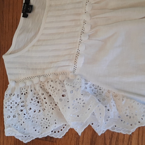 J. Crew White Eyelet Flutter-Sleeve Top with Pom-Pom Trim Small - Picture 5 of 7